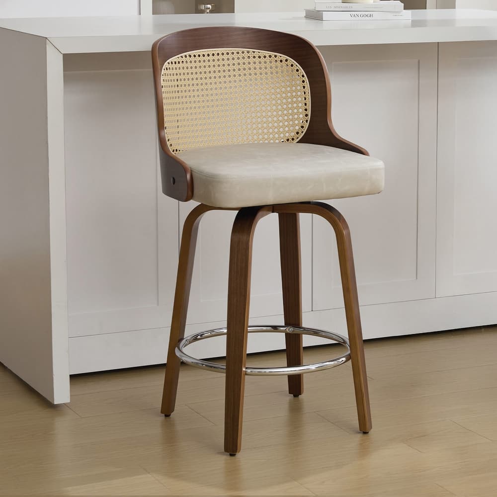 26" Upholstered Swivel Counter & Bar Stool with Rattan Back - 37.4"H x 19.09"W x 19.88"D