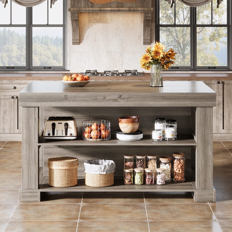 55-Inch Stationary Kitchen Island with Seating and Storage Shelves & Large Worktop, Farmhouse Style - 31.5"D x 55.12"W x 35.43"H
