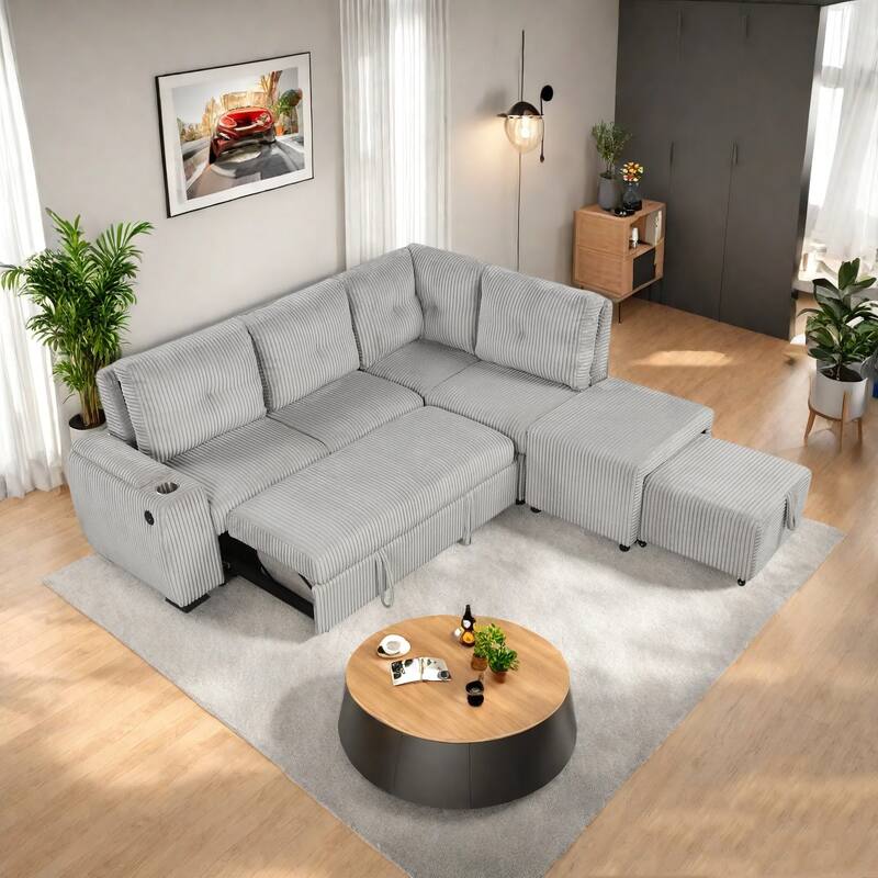 94" Convertible L-shaped Sectional Sofa with Pull-out Bed, Movable Ottoman and Stool, Storage, Cup Holder, and USB Ports - Light Gray