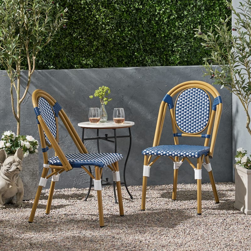 Remi Outdoor French Cafe Style Chairs (Set of 2) by Christopher Knight Home - Blue + White + Bamboo Print Finish