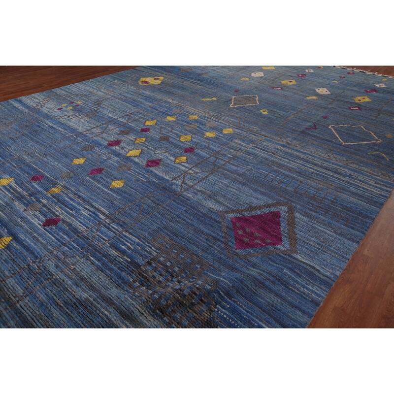 Blue Geometric Moroccan Large Area Rug Hand-Knotted Wool Carpet - 12'1"x 18'5"