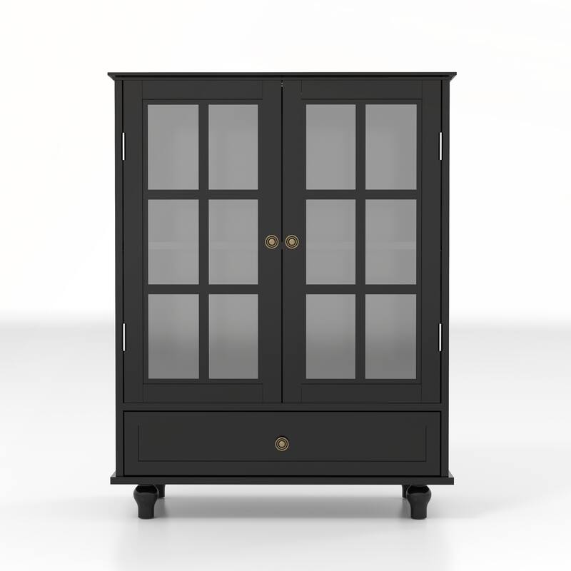 Minimalist Buffet Cabinet with Double Glass Doors and Drawer
