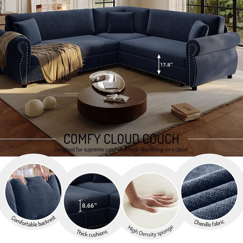 88.2" L-Shaped Sleeper Sectional Sofa with Pull-Out Bed - Chenille Convertible Couch, Nailhead Trim, for Living Room