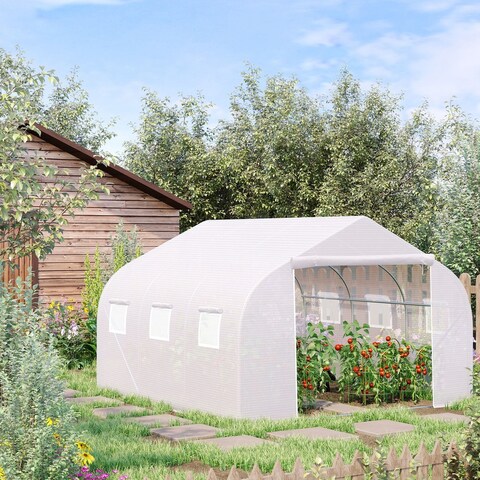 Outsunny 12' x 10' x 7' Outdoor Walk-In Tunnel Greenhouse Hot House with Roll-up Windows, Zippered Door, PE Cover, White