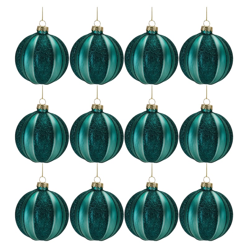 Set of 12 Glass Ball Christmas Ornaments Blue and Green 3 Inch - 3" x 3" x 4" - Green