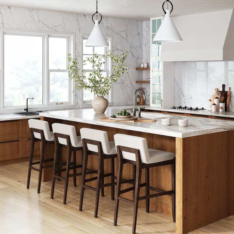 Gracie Modern Bar Stool, Boucle Upholstered Chair and Brushed Wooden Legs