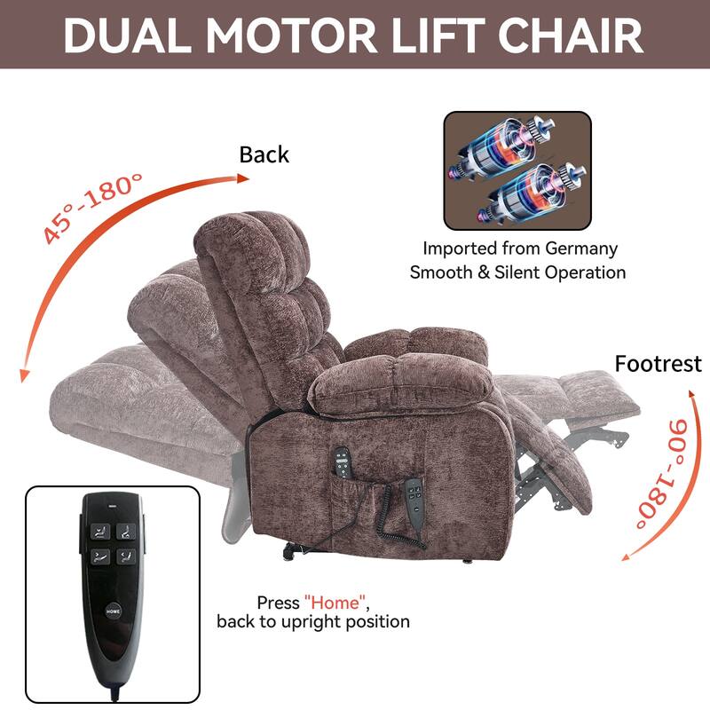 Chenille Power Lift Recliner Chair for Big and Tall with Massage, Heat, Dual Motors, and 180° Recline