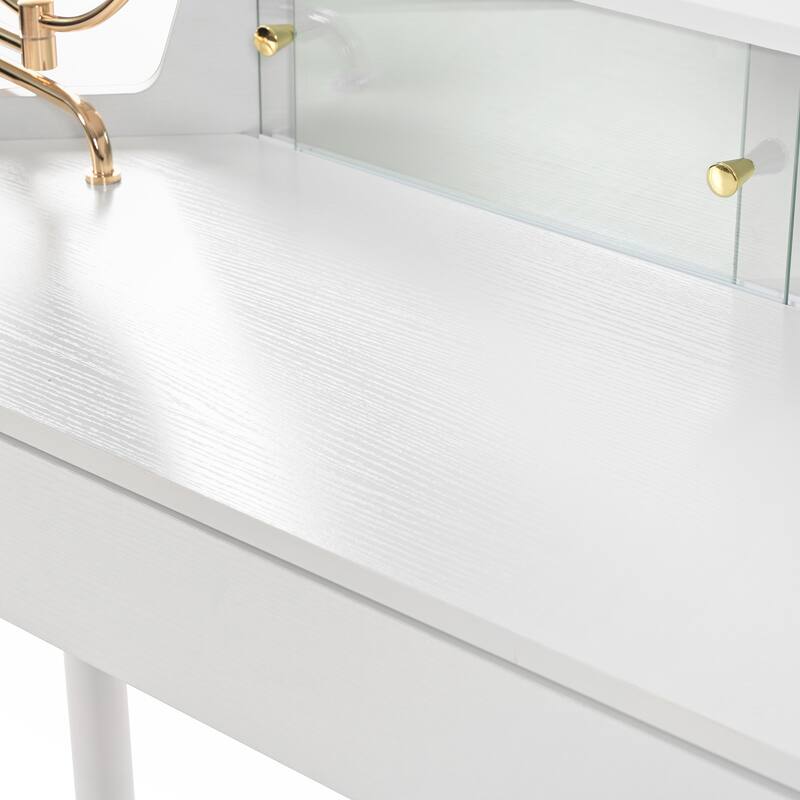 Vanity Desk with LED Lighted Mirror, Wood Corner Dressing Table Set, Makeup Table with Drawers, Stool & Adjustable Lights Mirror