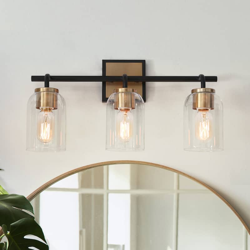 Modern 3-Light Black Gold Linear Bathroom Vanity Light Cylinder Glass Wall Sconces - 3-Light - Black/ Gold
