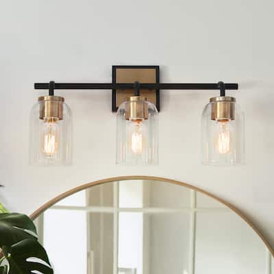 Modern 3-Light Black Gold Linear Bathroom Vanity Light Cylinder Glass Wall Sconces