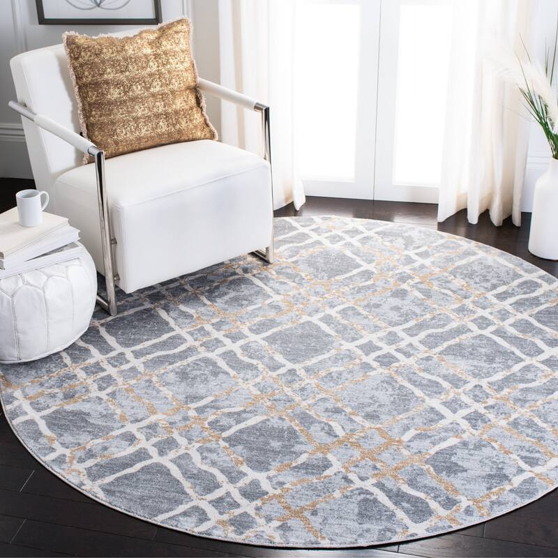 Martha Stewart by SAFAVIEH Saniye Trellis Distressed Rug - 6'7" Round - Silver/Ivory