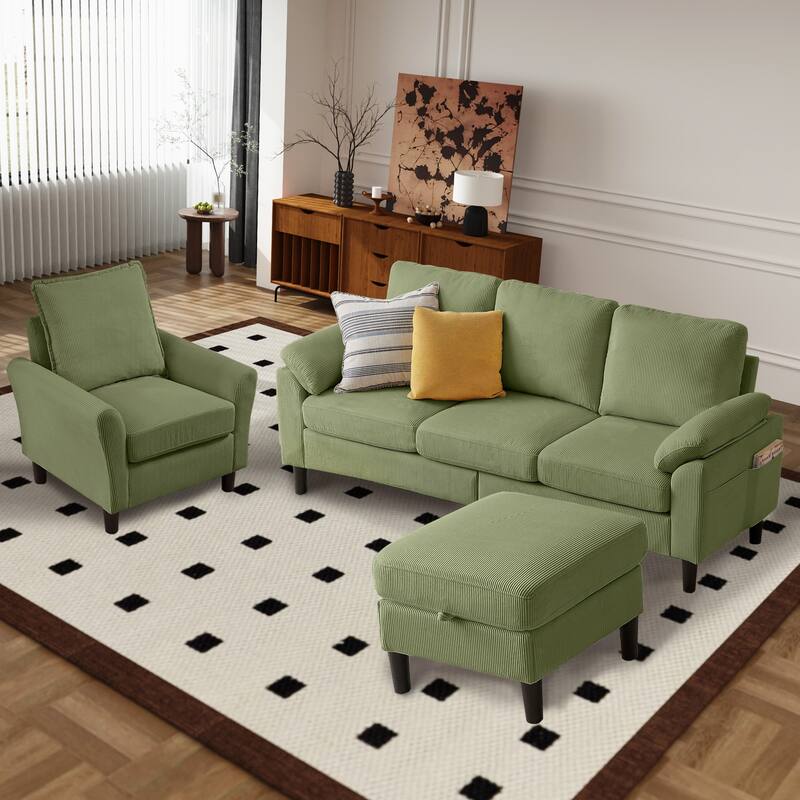 3 Pieces Corduroy Living Room Set with Sectional Sofa, Ottoman and Chair
