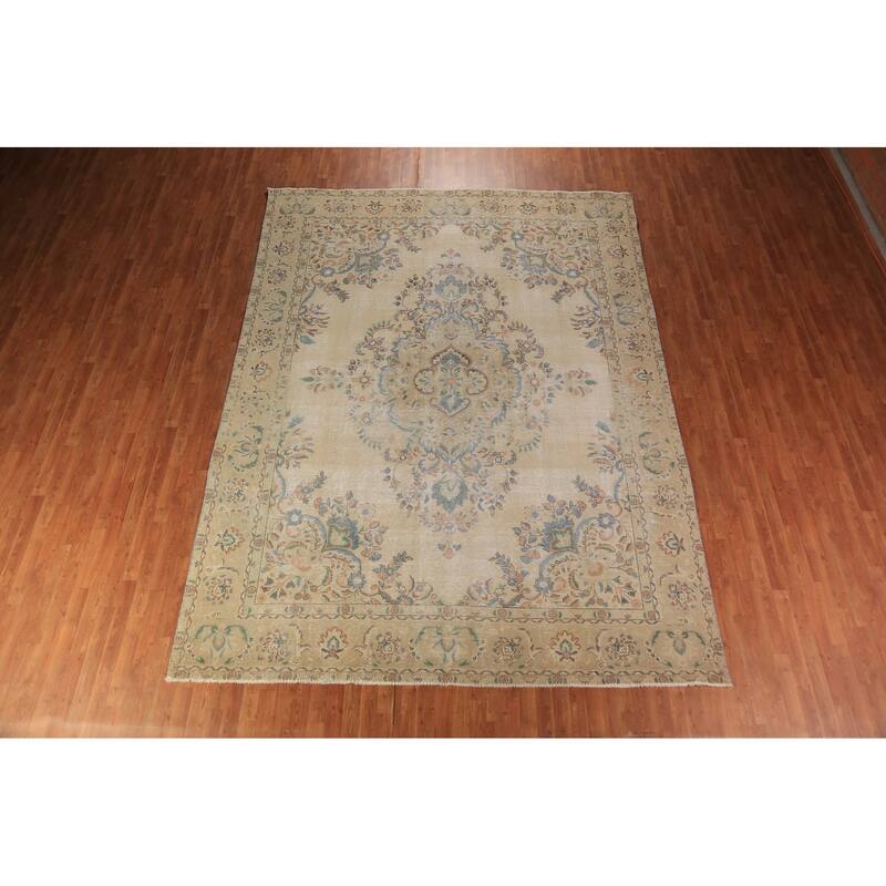 Floral Tabriz Persian Area Rug Beige Bedroom Handmade Wool Carpet - 9'6"x 12'9"