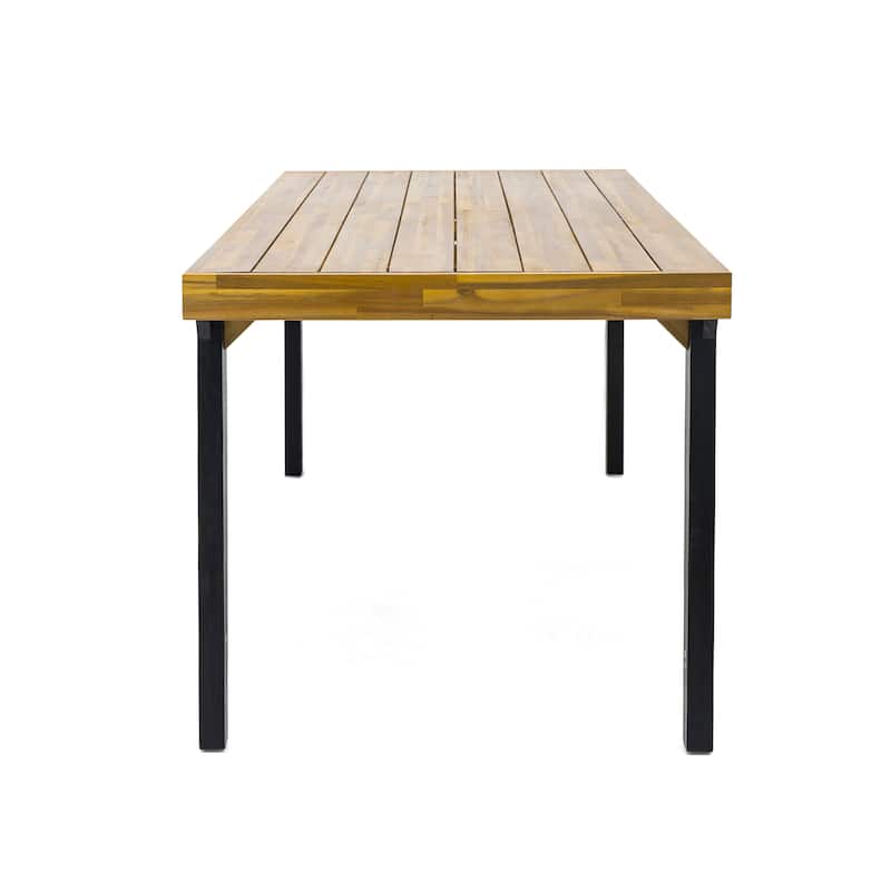 Roomfitters Modern Outdoor Dining Table with Acacia Wood Top and Black Metal Legs, Rectangular, Teak