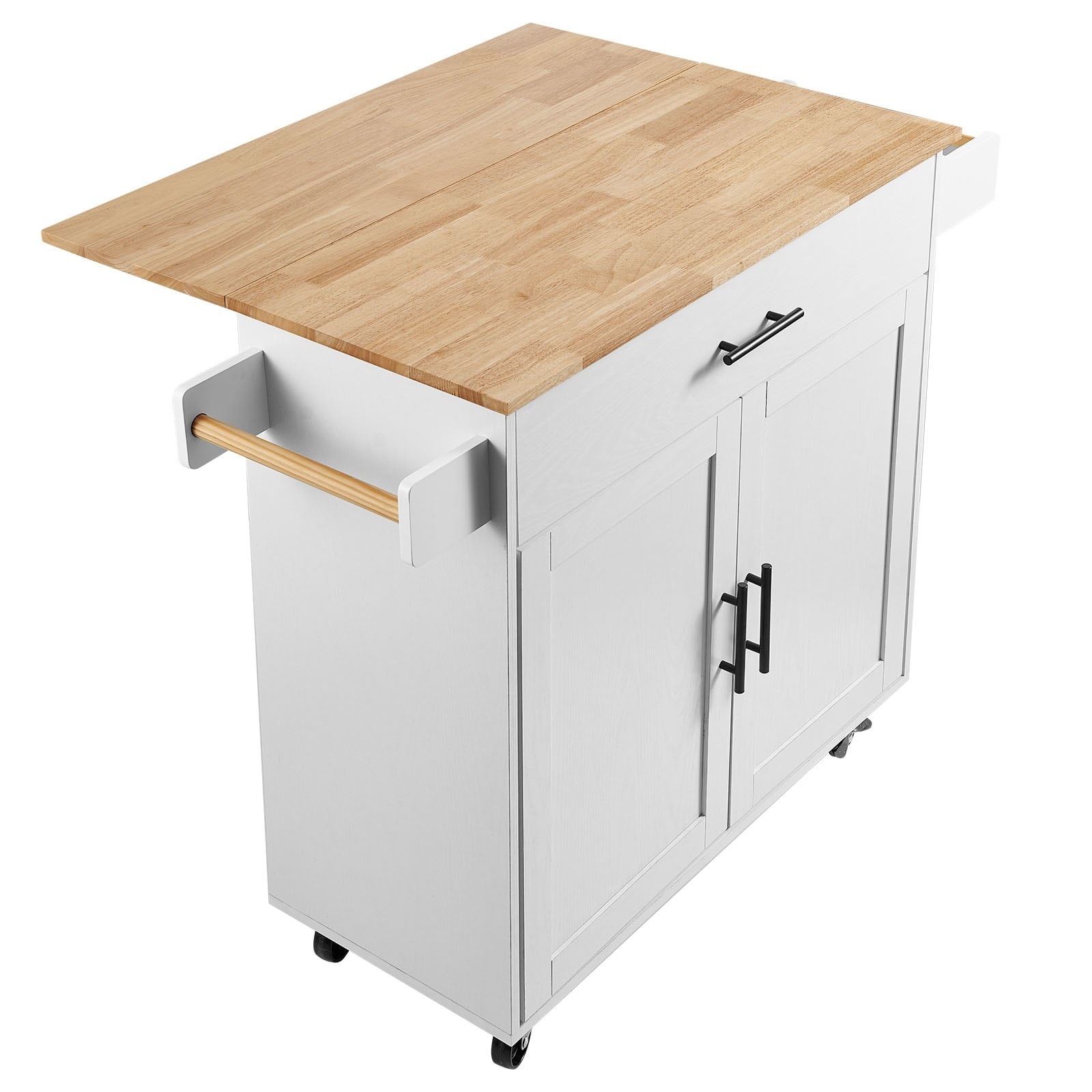 Kitchen Island Cart with Solid Wood Top, Spice Rack, Towel Rack, Drop Leaf & Drawer