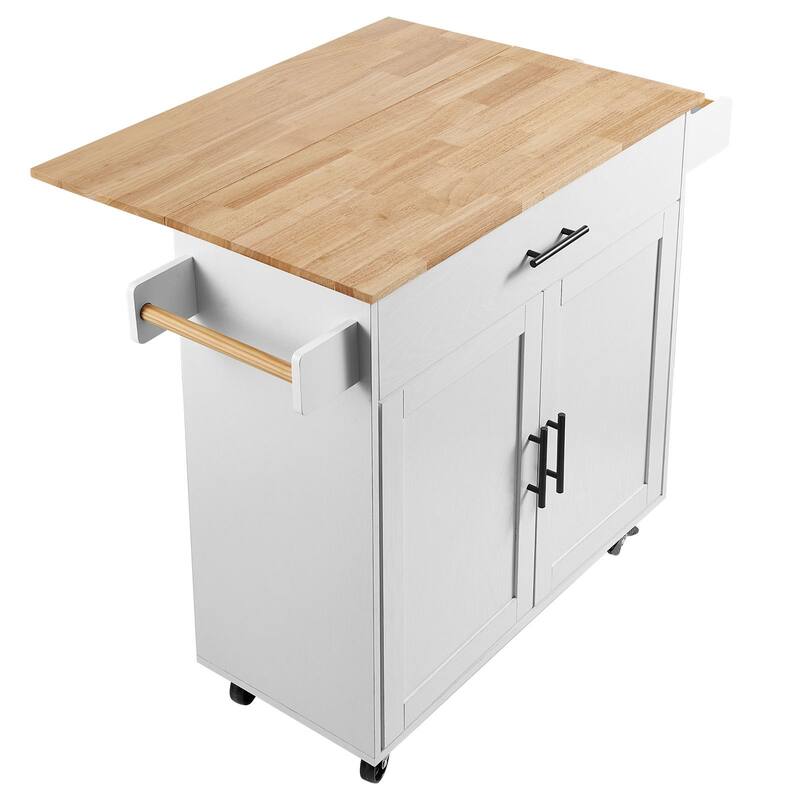 Kitchen Island Cart with Solid Wood Top, Spice Rack, Towel Rack, Drop Leaf & Drawer - White