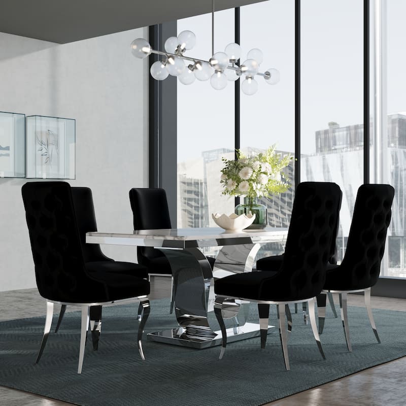 Glam Silver Dining Table Set with 64 inch Dining Table and Black Button Tufted Velvet Dining Chairs