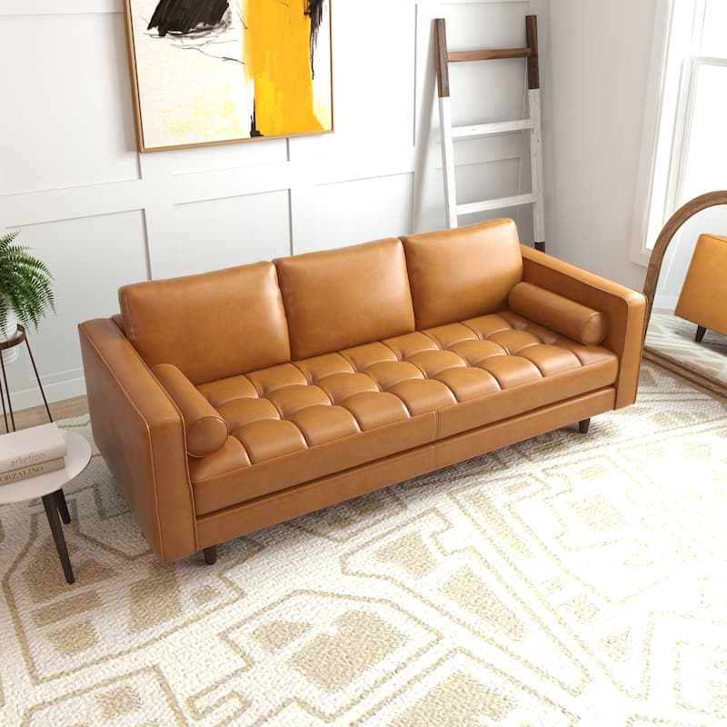 Thompson Mid-Century Modern Pillow Back Genuine Leather Sofa in Tan - Tan