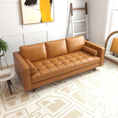 Thompson Mid-Century Modern Pillow Back Genuine Leather Sofa in Tan
