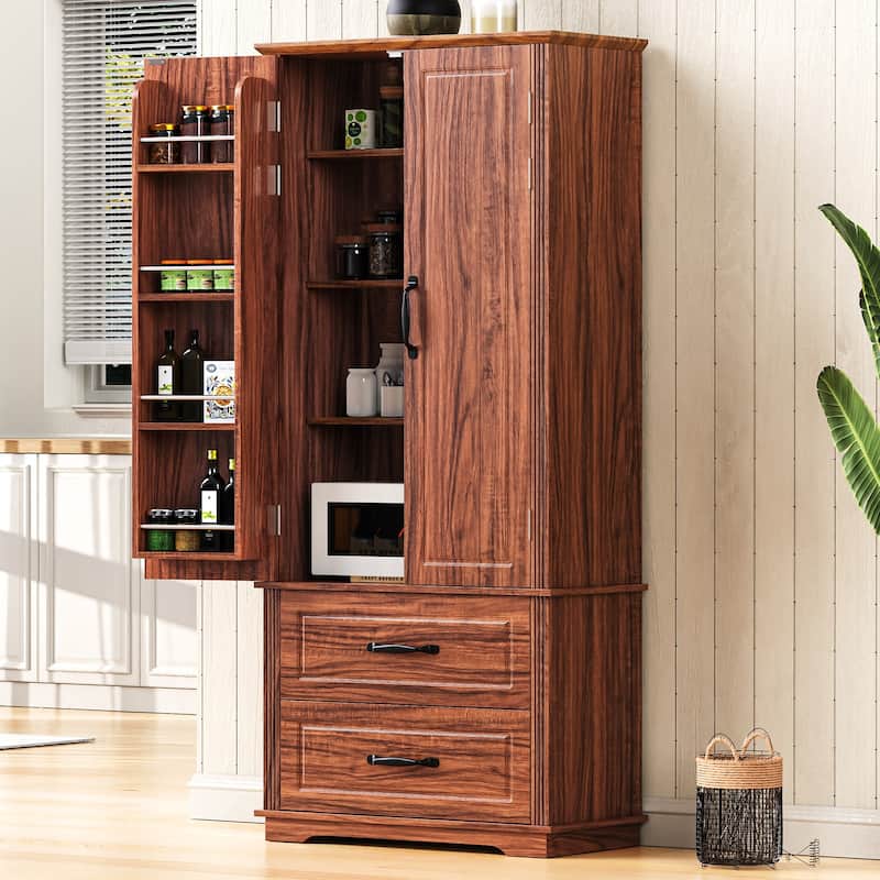 71" Farmhouse Kitchen Pantry Cabinet with 2 Large Drawers