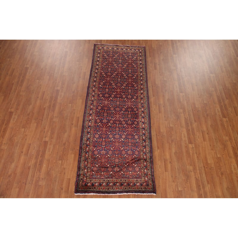 Hand Knotted Oriental 100% Wool Carpet Traditional Geometric Navy Blue & Blues Mahal Runner Rug - 9' 8'' X 3' 7''