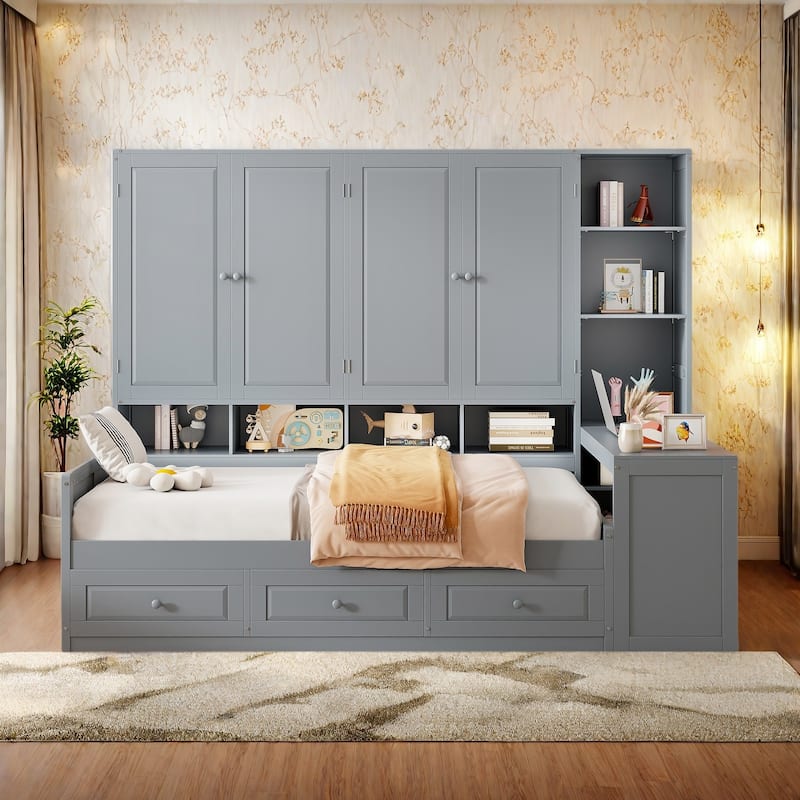 Full Size Daybed with Built-In Desk and Storage,4 Shelves, 2 Cabinets and 3 Drawers - Gray