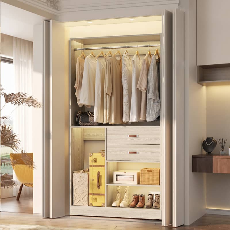 40'' Large Closet System with Shelves and 2 Drawers, Freestanding Closet Organizer with Hanging Rods - 1pc - Washed Oak