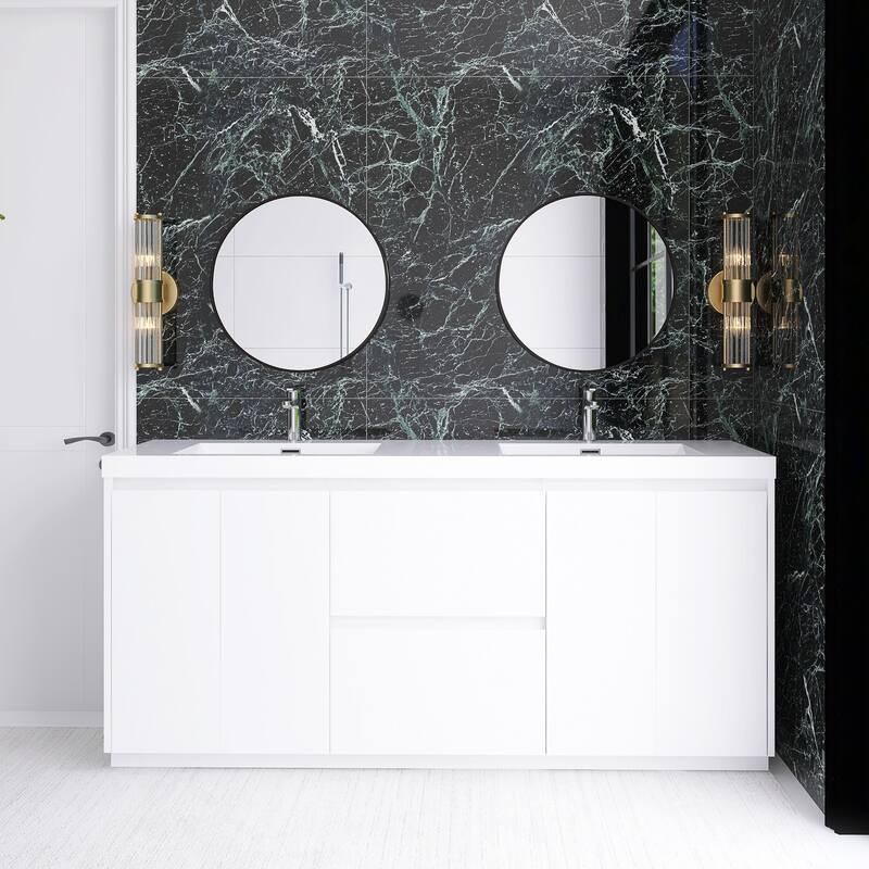 Floating Bathroom Vanity with Integrated Resin Top - 70.87'' x 19.69'' x 33.46'' - Wood Finish - High Glossy White