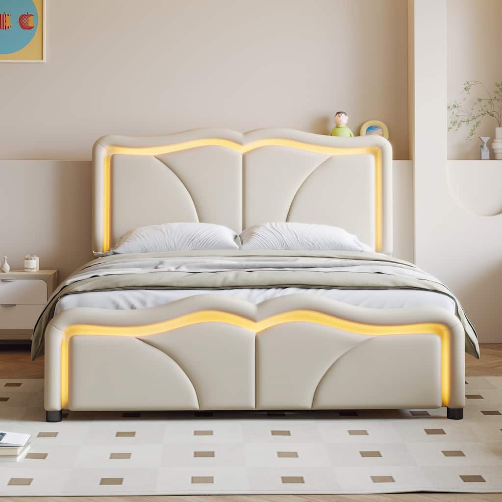Full Size Led Upholstered Bed, Platform Bed with Curve Shaped and Height-adjustbale Headboard