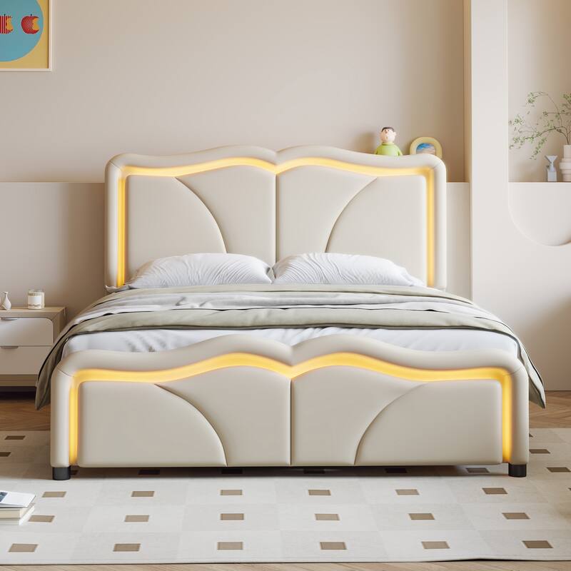 Modern Kids Twin/Full Platform Bed with Adjustable Height PU Headboard, LED Lights, and Sturdy Frame