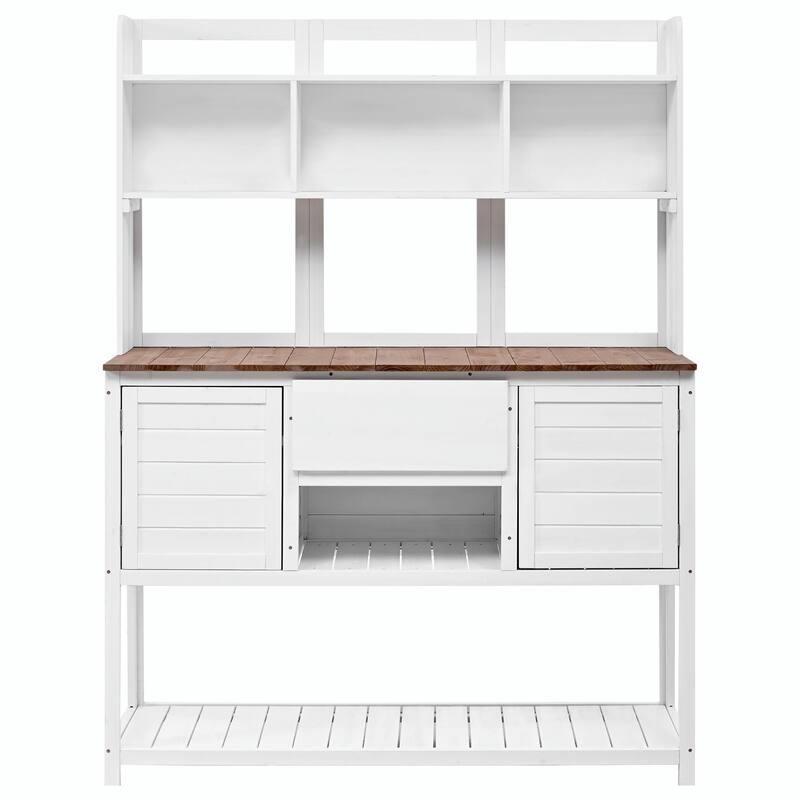 Fir Wood Garden Work Table - Potting Bench with Hutch, Drawer & Adjustable Shelves