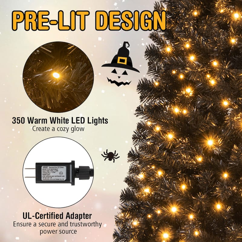 Gymax 6/7 FT Pre-lit Black Christmas Tree Artificial PVC Slim Pencil - See details