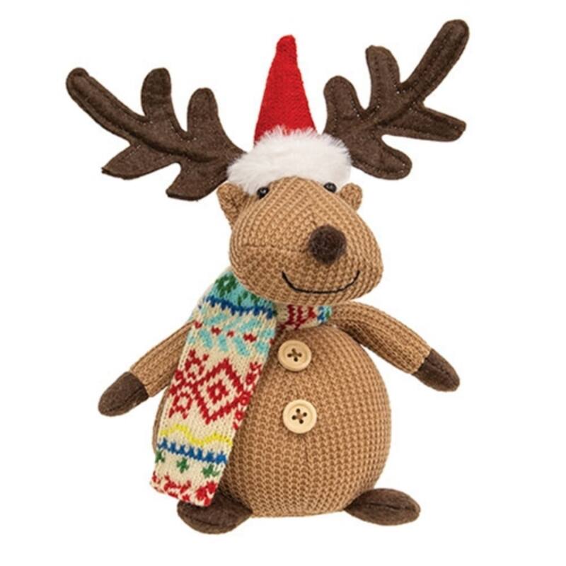 Cozy Plush Reindeer Figurine with Knit Scarf Finish Holiday Decor Christmas Tabletop Decoration - 9.5" H x 7" W x 4.5" D - Nordic