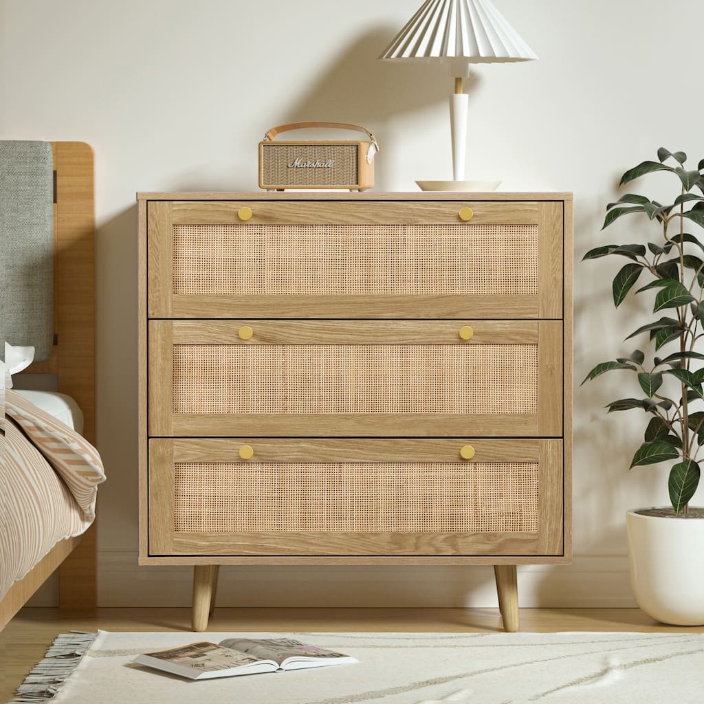 3-Drawer Rattan Dresser Modern Boho Chest of Drawers with Spacious Storage for Bedroom