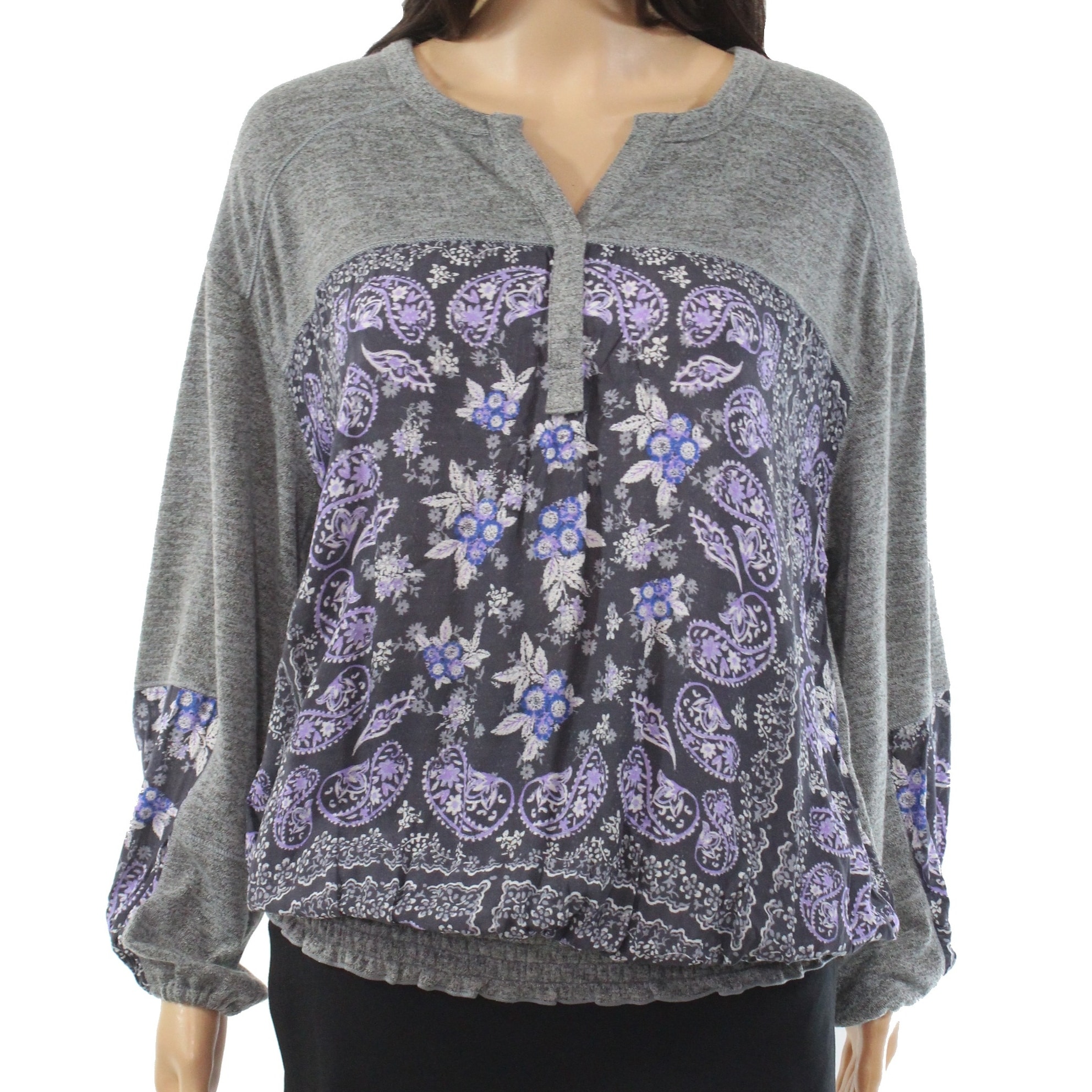 Womens Top Gray Size 1X Plus Paisley Smocked Split-Neck $59 316 Style /& Co
