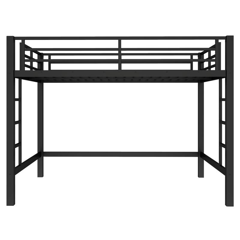 Queen Size Metal Loft Bed, Loft Bed with Easy Climbing Ladder and Guardrails , Black