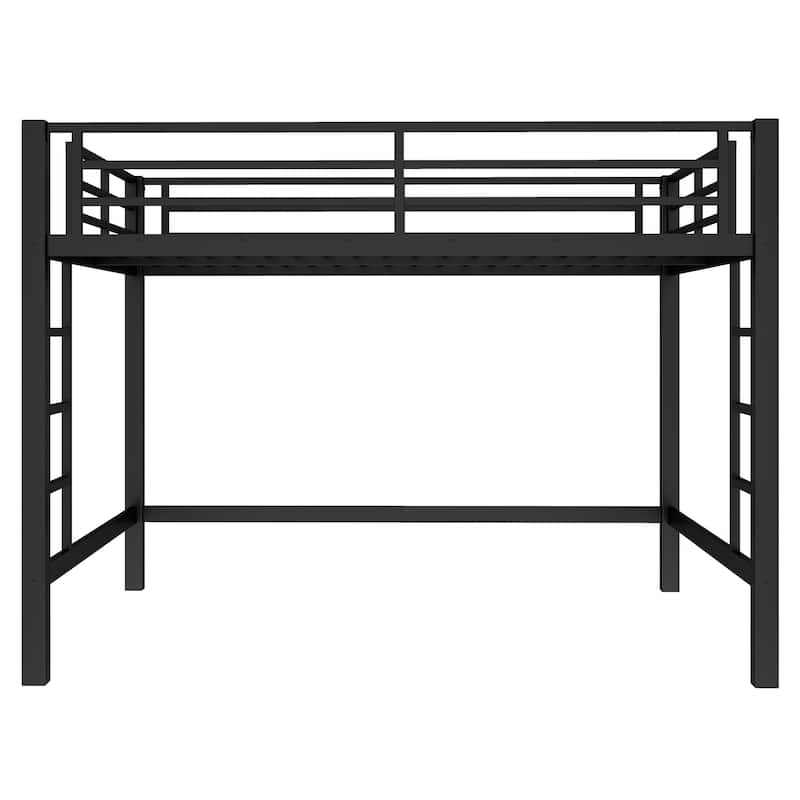 Queen Size Metal Loft Bed Frame with Ladders and Guardrails
