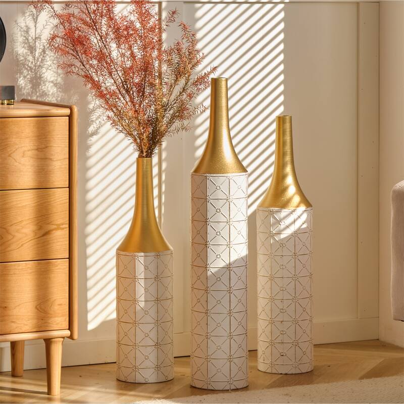 Decorated Floor Glazed Metal Vases (Set of 3)