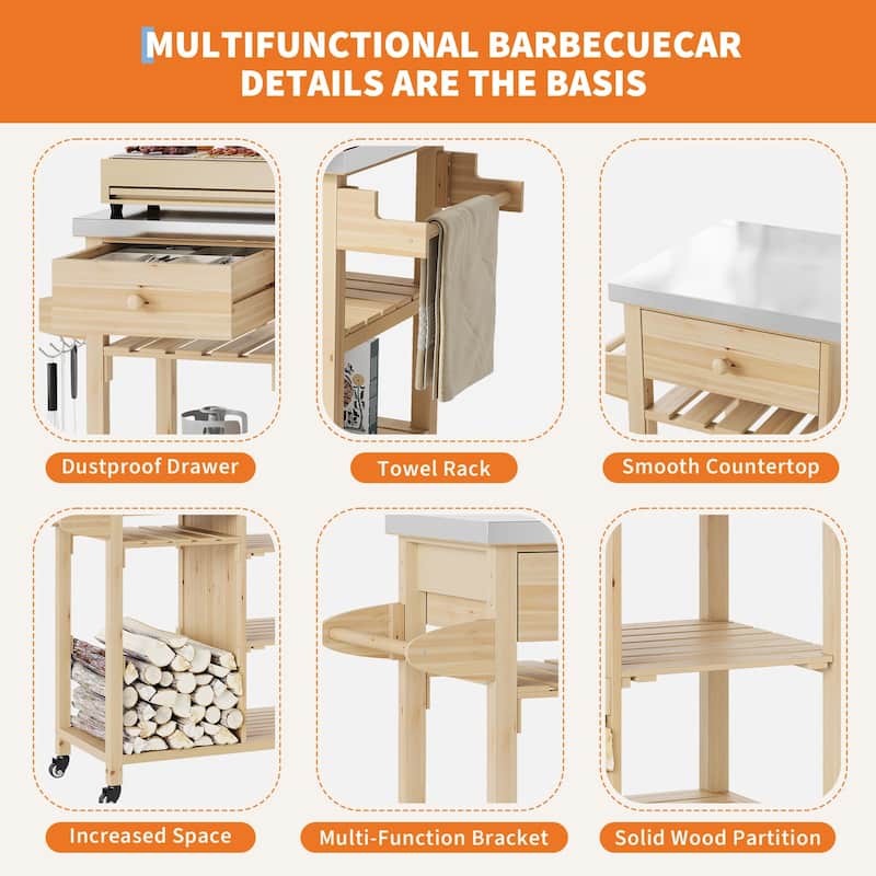 Solid Wood Grill Cart with Stainless Steel Top for Patio and Garden