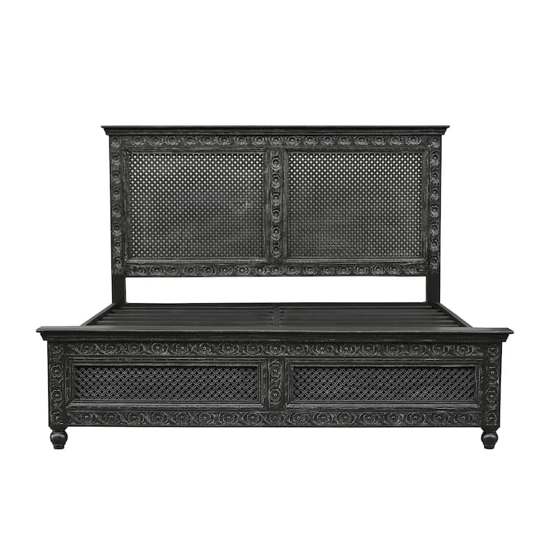 Edmond Hand-Carved Solid Mango Wood King Bed with Floral Cutout Panels