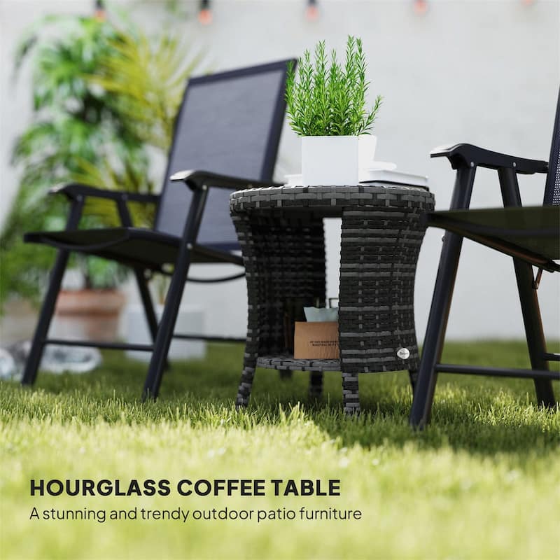 Steel PE Rattan WPC 2-Tier Hourglass Outdoor Side Table - 18.1" Dia. x 19.7" H