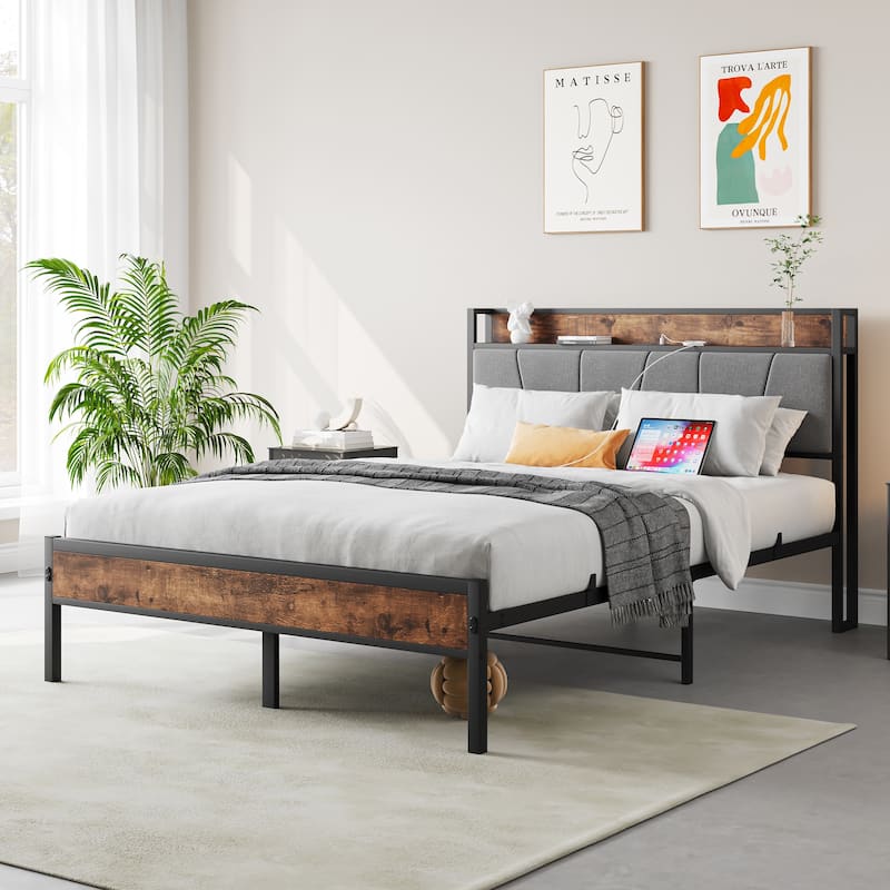 Brown Metal & Wood Full Size Platform Bed Frame with Storage Headboard and Charging Station, Solid and Stable, Noise-Free