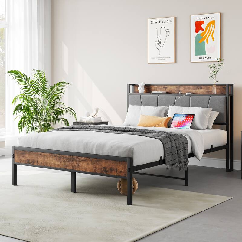 Rustic Full Platform Bed Metal Slat Bed Frame Mattress Foundation with Charging Station and Upholstered Headboard - Brown - Brown - Full