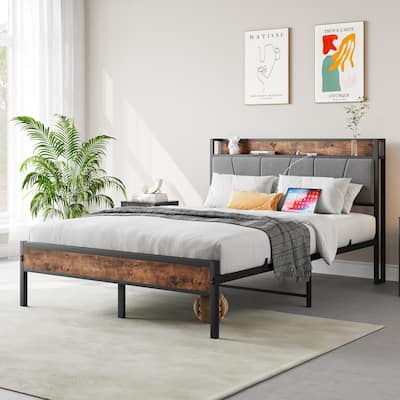 Twin Size Bed Frame with Storage Headboard and Charging Station