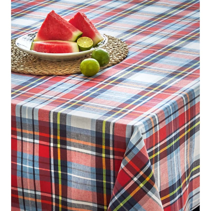 Weekend Blue and Red Plaid Cotton Tablecloth, 84"L x 60"W - 60 x 84