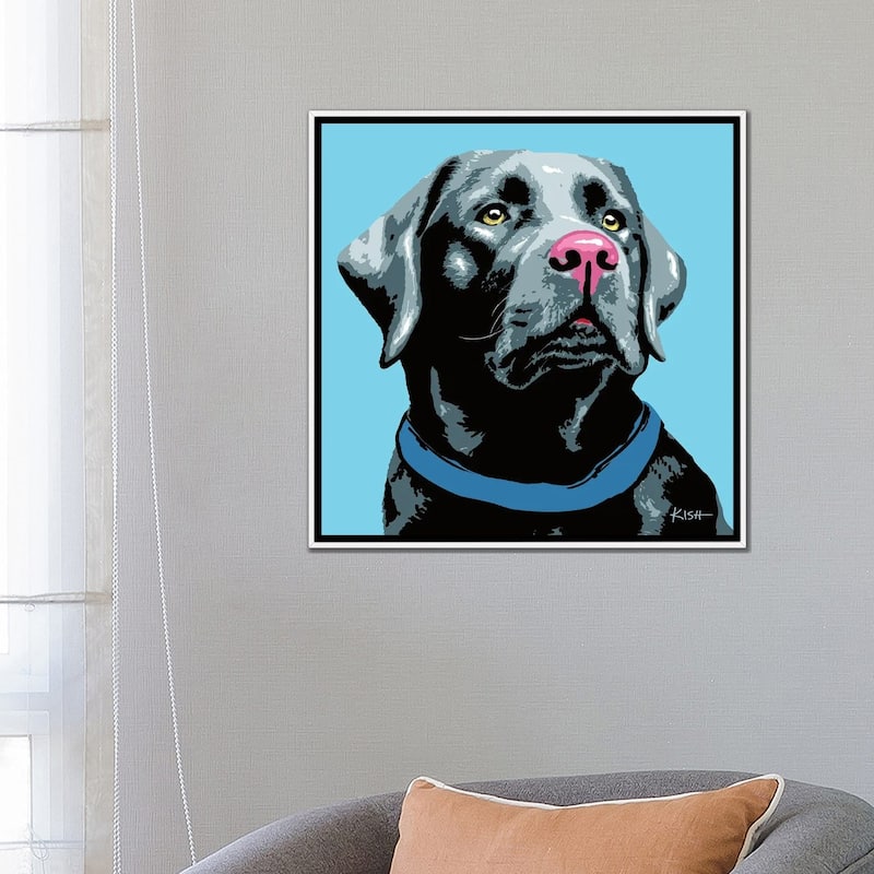 iCanvas "Black Lab Blue Woofhol" by Gretchen Kish Serrano Framed Canvas Print