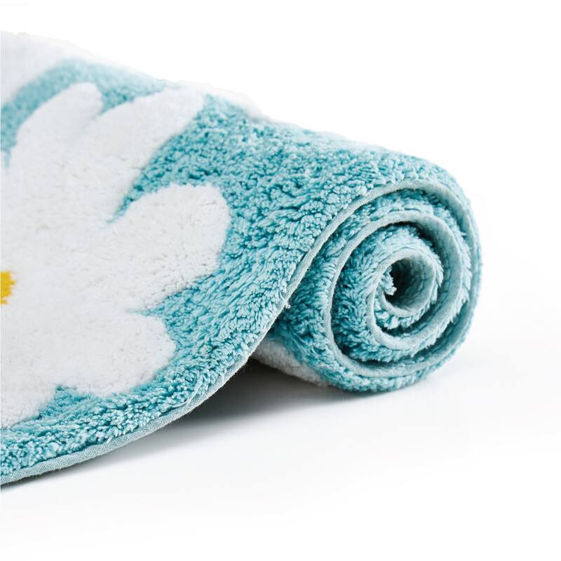Jessica Simpson Cotton Bath Rug 20"x32", "Fun Daisies" White/Teal