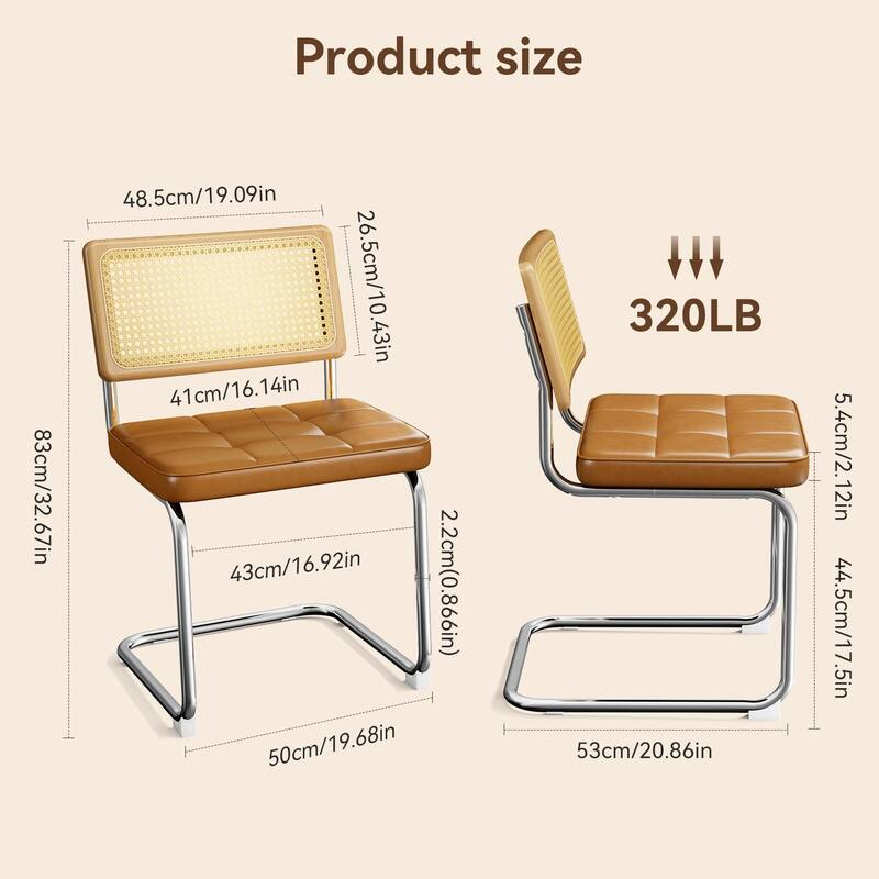 Natural Rattan Dining Chairs Set of 4, Mid Century Breuer Design Inspired, Upholstered Faux Leather