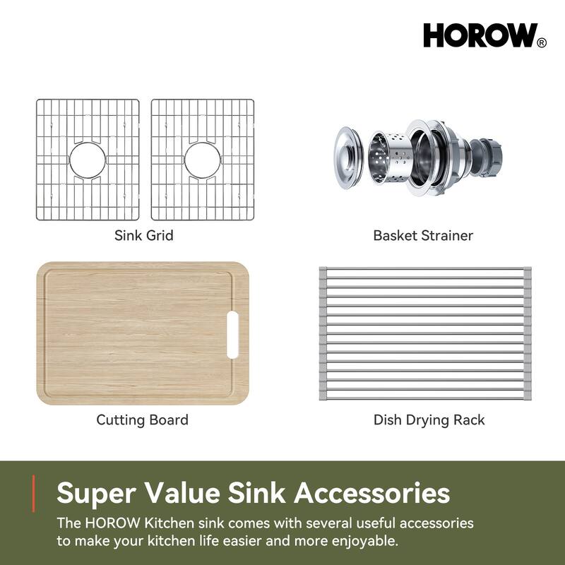 HOROW 33 in. Farmhouse/Apron-Front 50/50 Double Bowl White Fireclay Kitchen Sink with Workstation,Cutting Board,Grid, Strainer