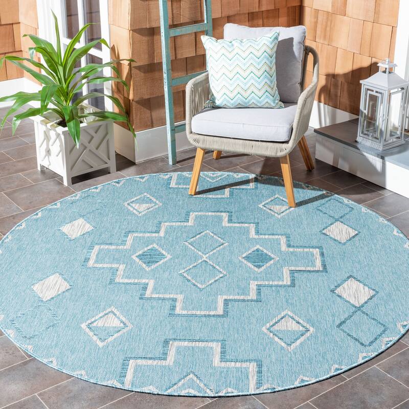 SAFAVIEH Courtyard Cemre Indoor/ Outdoor Waterproof Patio Backyard Rug - 6'7" Round - Aqua/Grey